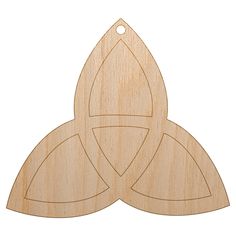 an unfinished wooden cutout with three overlapping shapes in the shape of two leaves, on a white background