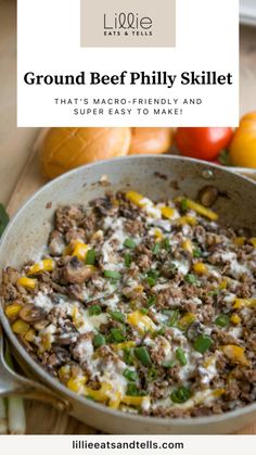 a skillet filled with ground beef and vegetables