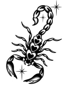 a black and white drawing of a scorpion with hearts on it's back legs