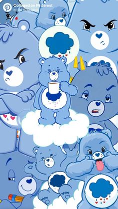 a group of blue teddy bears sitting next to each other on top of a cloud