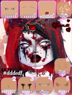 an image of a woman with blood on her face and makeup, including the words added to