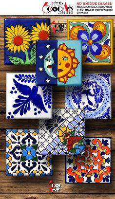 several colorful tiles are arranged on a wooden surface with the words,'mexican tile designs for