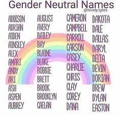 a rainbow with the words gender neutral names on it in different colors and font styles