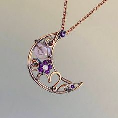 Bohemian Purple Moon Phase Jewelry, Bohemian Amethyst Moon Phase Jewelry, Purple Bohemian Jewelry With Moon Charm, Bohemian Amethyst Moon Charm Jewelry, Bohemian Purple Jewelry With Moon Charm, Bohemian Moon Phase Copper Jewelry, Purple Crescent Bohemian Jewelry, Bohemian Moon Shaped Wire Wrapped Jewelry, Bohemian Moon-shaped Wire Wrapped Jewelry