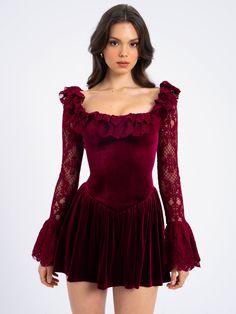 Introducing the Yachira Burgundy Velvet Lace Flare Sleeve Mini Dress, a luxurious piece designed to enchant. Crafted from rich burgundy velvet, this dress features an elegant lace trim collar and romantic lace flare sleeves, adding a touch of vintage charm. The drop waist silhouette and full skirt create a flattering, flowy shape, perfect for any special occasion. With a discreet invisible zipper and a fully lined interior, the Yachira Dress ensures both comfort and style, making it a stunning a Flowy Bohemian Dresses, Trendy Maxi Dresses, Stylish Midi Dress, Satin Corset Dress, Ootd Dress, Velvet Mini Dress, Rich Burgundy, Club Party Dresses