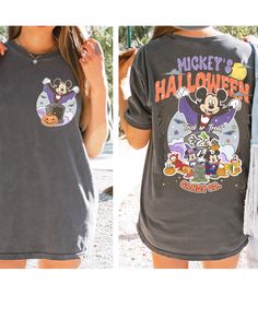 two pictures of mickey mouse's halloween t - shirt, one in grey and the other in black