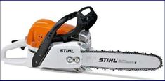 a chainsaw with an orange handle and black trimmings on the front end