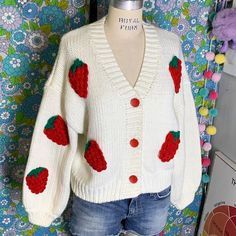 Featuring Knit Cardigan Long Puff Sleeve Button Up V Neck Crocheted Strawberry Detailing Oversized Fit Color:White/Red/Green Size: Xs/S ??? No Size Label Is Present. Please Check All Measurements Before Buying. My Gues Approx Measurements: Length-21"/Pit To Pit-21"/Pit To Hem-9.5"/Hem-16.5"/Arm Inseam-16.5" (Including 2.5" Cuff) Materials: No Materials Label Present. Cardigan Feels Like A Poly/Cotton Blend Condition: Excellent. No Signs Of Any Wear. Possibly New Without Tags. A Very Minor Amount Cute Cotton Sweater With Buttons, Cute Cotton Buttoned Sweater, Cute Cotton Cardigan With Button Closure, Cotton Cardigan With Button Closure, Cute Style, Casual Crochet Cardigan, Cute Red Spring Cardigan, Cute Knit Cardigan With Buttons, Cute White Sweater With Buttons, Casual Red Crochet Cardigan