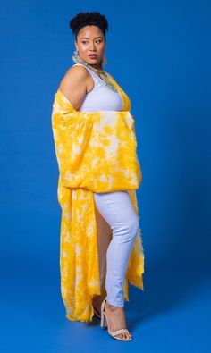 Experience the vibrant energy of summer with our Yellow Tie Dye kimono! Made with breathable fabric, this one-size-fits-most piece is perfect for any occasion. Versatile and comfortable, it's your go-to for effortless style all season long. One Size Long Cover-up For Day Out, Spring Loungewear Wrap Kaftan, Summer Wrap Cover-up Free Size, Long Spring Loungewear Cover-up, Oversized Spring Tunic Cover-up, Spring Long Robe With Relaxed Fit, Flowy Spring Loungewear Cover-up, Spring Loungewear Tunic Kimono, Spring Tunic Kimono For Loungewear