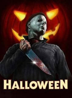 a man holding a knife in front of a jack - o'- lantern background