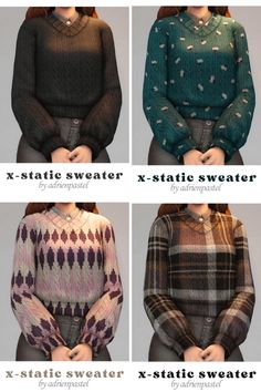 four sweaters are shown with different colors and patterns on the front, side, and back