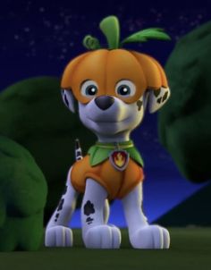 a cartoon dog dressed up as a pumpkin