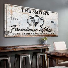 an old fashioned sign hangs on the wall above a bar with stools in front of it