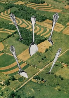 an aerial view of several spoons in the middle of a field