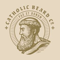 a bearded man with a beard and the words catholic beard co written in brown on a beige background