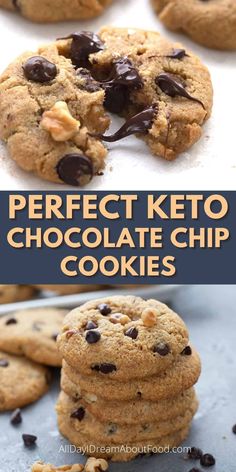 the perfect keto chocolate chip cookies are stacked on top of each other and ready to be eaten