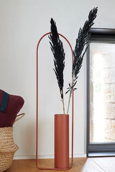 two plants in a vase on a wooden floor next to a basket with a pillow