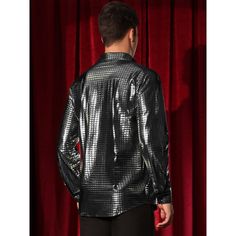 The button down glitter shirts for men are unique, making you standing out from the crowd. Pair the shiny shirts with fitted black jeans or leather pants for nightclub or nighttime social gatherings. The shiny metallic shirts are suitable for many occasions, such as parties, disco, nightclub, wedding, stage performance, or other casual occasions. Shiny Button-up Party Tops, Disco Style Long Sleeve Winter Tops, Winter Disco Long Sleeve Top, Black Party Shirt For Winter, Metallic Long Sleeve Club Tops, Metallic Long Sleeve Tops For Club, Winter Party Black Shirt, Metallic Button-up Party Top, Metallic Button-up Top For Party