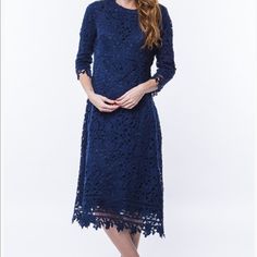 Lace Is Made Out Of Cotton Which Gives A More Delicate Look And Soft Touch. Detail On Sleeves And Bottom Of The Dress . Is A Modest, Elegant And Classic Dress. New With Tags And Kept In A Pet And Smoke Free Environment. Comes In Various Sizes: S, M ,L , Xl Blue Long Sleeve Lace Midi Dress, Blue Lace Dress For Brunch, Elegant Blue Lace Dress For Brunch, Formal Dress Midi, Lace Dress Formal, Lace Floral Dress, Dress Dark Blue, Blue Lace Dress, Stylish Summer Outfits