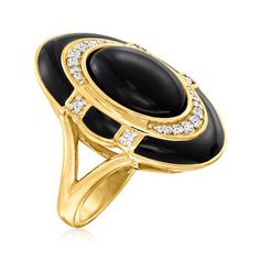 Ross-Simons - Black Onyx, .18ct t. w. Diamond Ring, Black Enamel Over Sterling. Size 5. Neutral and sophisticated, this ring casts a 14x10mm oval black onyx cabochon enhanced by the sparkle of .18 ct. t. w. round brilliant-cut diamonds and bold black enamel. Set in glowing 18kt yellow gold over sterling silver. 1 1/8" wide. Diamond and black onyx ring. Onyx Colour, Elephant Pendant Necklace, Blue Topaz Pendant, Onyx Jewelry, Butterfly Pendant Necklace, Jade Earrings, Black Onyx Ring, Ruby Earrings, Sterling Jewelry