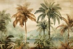 a painting with palm trees and mountains in the background, painted on to a wall