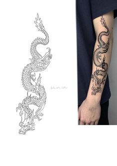 a person with a tattoo on their arm next to a photo of the same dragon