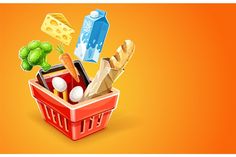 a red basket filled with food on top of a yellow background - miscellaneous objects illustrations