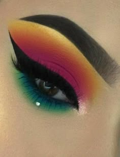 Edm Hair, Juneteenth Makeup, Yellow Green Eyeshadow Looks, Pineapple Makeup, Yellow And Green Eyeshadow, Red Yellow Green Eyeshadow Looks, Pink Orange And Yellow Eyeshadow, Lime Green Smokey Eye, Sunset Makeup