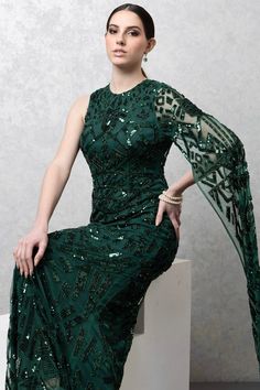 Emerald green net padded gown with a waterfall sleeve and sequins hand embroidery. - Aza Fashions Gown For Women, Gown Pattern, Ladies Gown, Green Sequins, Aza Fashion, Emerald Green, Hand Embroidered, Hand Embroidery, Types Of Sleeves