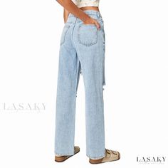 Lasaky - Denim Blue Distressed Wash Straight-Leg Jeans Ripped Light Blue Denim Bottoms, Light Blue Ripped Denim Bottoms, Light Blue High Waist Ripped Jeans, Summer Ripped Washed Blue Flare Jeans, Blue Ripped Flare Jeans For Summer, Summer Ripped Blue Flare Jeans, Ripped Straight Leg Jeans In Light Blue, Trendy Ripped Light Blue Jeans, Light Blue Ripped Straight Leg Jeans