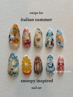 Honestly such a cute set @oaklestudio U HAVE OUTDONE YOURSELF  #nailinspotrendy #nailart #nailidea #snoopy #unique Nail Design Inspiration Summer, Italy Nail Art, Oaklestudio Nails, Snoopy Nails Design, Snoopy Nail Art, Snoopy Nails