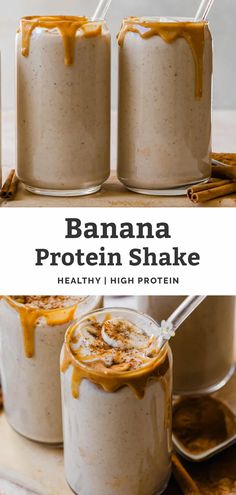 two glasses of banana protein shake with text in middle "Banana Protein Shake, healthy, high protein" Coconut Cream Protein Shake, Banana Nut Protein Shake, Banana Pudding Protein Shake, Protein Drinks Recipes, Protein Shake Recipes Fat Loss, Gluten Free Protein Shakes, Yogurt Protein Powder, Protein Shakes For Kids