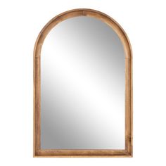 an arched wooden mirror on a white background