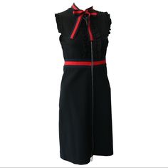 Experience The Epitome Of Elegance With The Gucci Black Bow Knot Dress, A True Masterpiece In Fashion. The Dress Is Exquisitely Adorned With Knitted Web Trim, Gracefully Accentuating The Waistband And Neckline, Culminating In A Charming Decorative Bow. Crafted From Luxurious Black Compact Viscose Jersey, This Dress Features Captivating Blue And Red Knitted Web Details, Adding A Touch Of Gucci's Signature Style. The Front Placket And Sleeves Boast Delicate Ruffle Detailing, Elevating The Dress To New Heights Of Sophistication. Designed With Both Style And Convenience In Mind, The Dress Is Equipped With A Front Zip For Easy Wear. Originally Priced At $1800, This Authentic Gucci Dress Is An I Gucci Jersey, Gucci Dresses, Gucci Dress, Knot Dress, Bow Knot, Gucci Black, Black Bow, Jersey Dress, Easy Wear