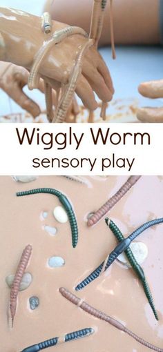 a close up of an object with text that reads wiggly wormm sensory play