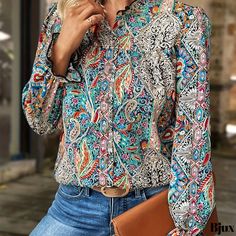 Bjux - Paisley Print Button-Up Blouse with Stand Collar, Boho-inspired Long Sleeves - Womens Fashion Multicolor Button-up Top With All Over Print, Bohemian Multicolor Tops With Button Closure, Bohemian Multicolor Blouse With Buttons, Bohemian Patterned Button-up Blouse, Bohemian Patterned Button-up Tops, Bohemian Multicolor Shirt With Buttons, Patterned Printed Button-up Blouse, Bohemian Style Multicolor Shirt With Buttons, Printed Patterned Button-up Blouse