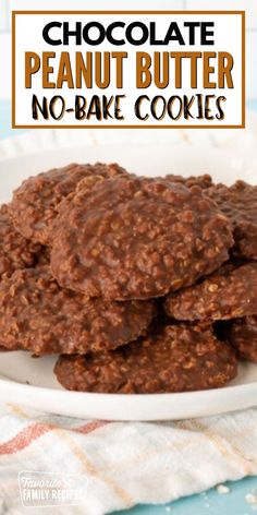 chocolate peanut butter no - bake cookies stacked on top of each other in a white plate