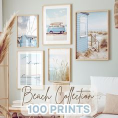 a living room filled with furniture and pictures on the wall next to a window that reads beach collection 100 prints