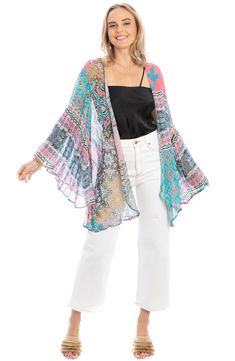 Top off your look with this bell-sleeve ruana crafted from lightweight georgette. 33" length 100% viscose Hand wash, line dry Imported Casual Beach Shawl For Spring, Spring Vacation Bohemian Shawl, Casual Multicolor Shawl For Spring, Spring Beach Cover-up Poncho Shawl, Spring Beach Poncho Shawl Cover-up, Spring Beach Poncho Shawl, Multicolor Flowy Long Sleeve Kimono, Spring Beach Shawl In Multicolor, Multicolor Beach Shawl For Spring