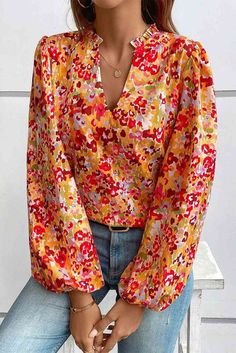 Be the life of the party in this Floral Notched Balloon Sleeve Blouse! Its oversized sleeves and unique notching will have heads turning in astonishment. Look both stylish and chic in this fun and flirty blouse! Material composition: 100% polyester Care instructions: Machine wash cold. Tumble dry low. Imported Product measurements: S: bust 36.7 in, shoulder 14.2 in, sleeve length 25 in, length 24.2 in M: bust 39 in, shoulder 14.8 in, sleeve length 25.4 in, length 25 in L: bust 41.3 in, shoulder Balloon Sleeve Blouse, Latest Tops, Pretty Blouses, Bubble Sleeve, The Bubble, Puff Sleeve Blouse, Sheer Fabrics, Basic Style, Floral Blouse