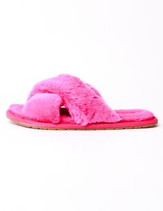 Pink fuschia fluffy slide slipper with rubber sole Cozy Faux Fur Slippers With Cushioned Footbed, Fluffy Faux Fur Comfy Slippers, Comfy Faux Fur Slippers Super Soft, Pink Super Soft Slippers For Loungewear, Comfy Super Soft Faux Fur Slippers, Cozy Pink Synthetic Slippers, Comfy Pink Slippers With Cushioned Footbed, Comfortable Pink Fluffy Slippers, Comfortable Fluffy Pink Slippers