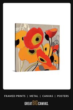 an abstract painting with red and yellow flowers in the center, surrounded by black text that reads framed prints metal canvass posters great big canvases