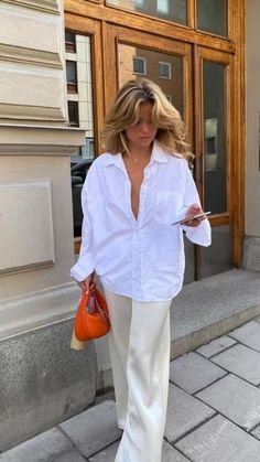 Matilda Djerf  Casual Summer Outfit  Djerf Avenue Matilda Djerf Style, Orange Purse, White Shirt Outfits, Jeanne Damas, Europe Outfits, Matilda Djerf, Italy Outfits, Jane Birkin