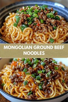 two pictures of noodles with ground beef and green onions