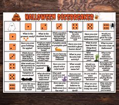 a halloween diceboard game with words and pictures on the board, which are written in orange