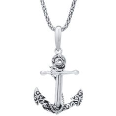 "Nautical style is yours with this sterling silver anchor necklace, featuring filigree details. Nautical style is yours with this sterling silver anchor necklace, featuring filigree details. NECKLACE DETAILS Pendant size: 1.6 in. X 0.9 in. Chain type: popcorn Metal: sterling silver Chain length: 24 in. Plating: rhodium Finish: polished Nickel free Gemstones may have been treated to enhance their appearance. Special care may be required. Size: 24"". Gender: male. Age Group: adult." Nickel-free Sterling Silver Anchor Jewelry, Nickel-free Anchor Shaped Sterling Silver Jewelry, Classic Silver Anchor Jewelry, Silver Anchor Jewelry With Lobster Clasp, Silver Anchor Necklace In Sterling Silver, Nautical Sterling Silver Anchor Necklace, Silver Anchor Necklace Nautical Style, Sterling Silver Engraved Anchor Necklace, Silver Necklace With Engraved Anchor Pendant