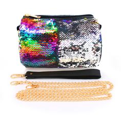 Style No : [404191] Fsb8164-Dm-Siv Color : Multi, Silver Size : 7" X 5" X 5" Chain Strap Size : 23" L / Detachable No Inside Pocket Zipper Closure Reversible Sequin Cylinder Crossbody Bag Multicolor Party Bag With Zipper Closure, Chain Strap, Purses And Handbags, Inside Pocket, Bucket Bag, Crossbody Bags, Crossbody Bag, Sequin, Womens Sizes