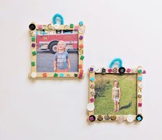 two pictures are hanging on the wall next to each other, one is decorated with buttons and beads