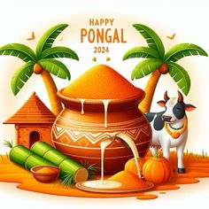 a happy pongal greeting card with a cow, pot and pumpkins on the ground