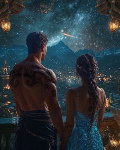 a man and woman looking at the night sky with stars in the sky above them